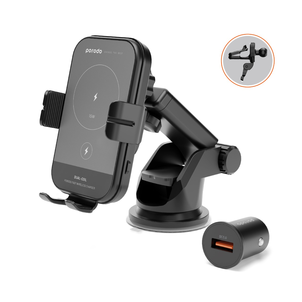 فروشگاه آنلاین نخلینو   - پایه ی نگهدارنده ی شارژر وایرلس ۱۵ وات پرودو Porodo 3 in 1 Car Charger Mount 15W With QC3.0 Car Charger