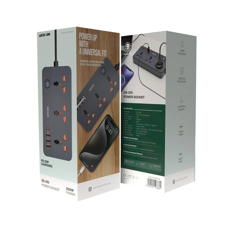 فروشگاه آنلاین نخلینو   - چندراهی سه درگاه و محافظ برق گرین لاین Green Lion GS-200 Power Socket 