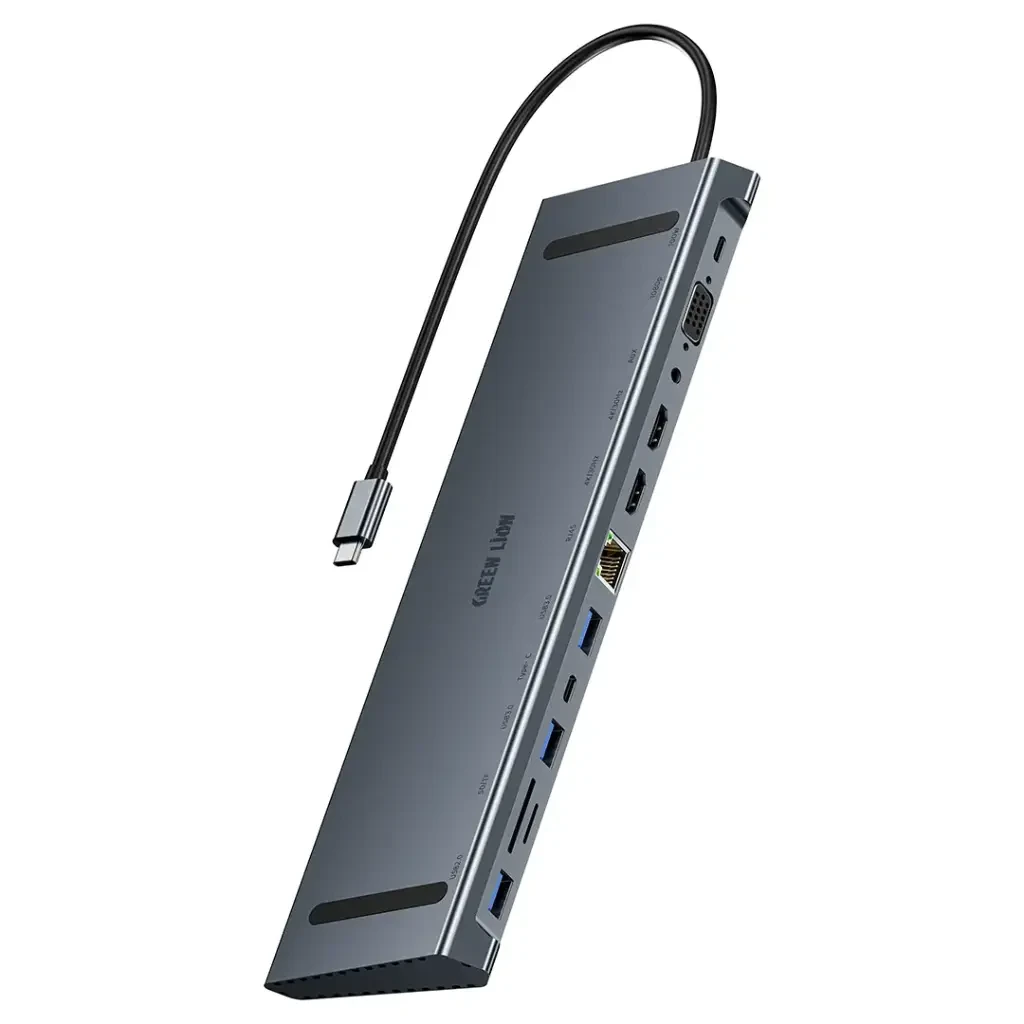 هاب USB-C دوازده در یک گرین لاین مدل GN12N1CHUBGY با HDMI 4K و شبکه LAN رنگ خاکستری
