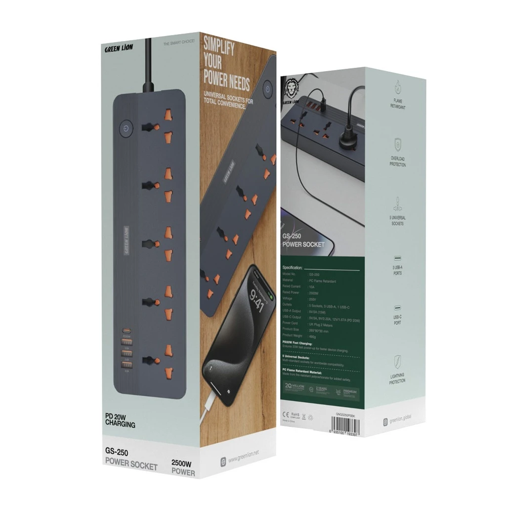 چندراهی برق گرین لاین GS-250 مشکی با ۵ پریز و شارژ USB-C