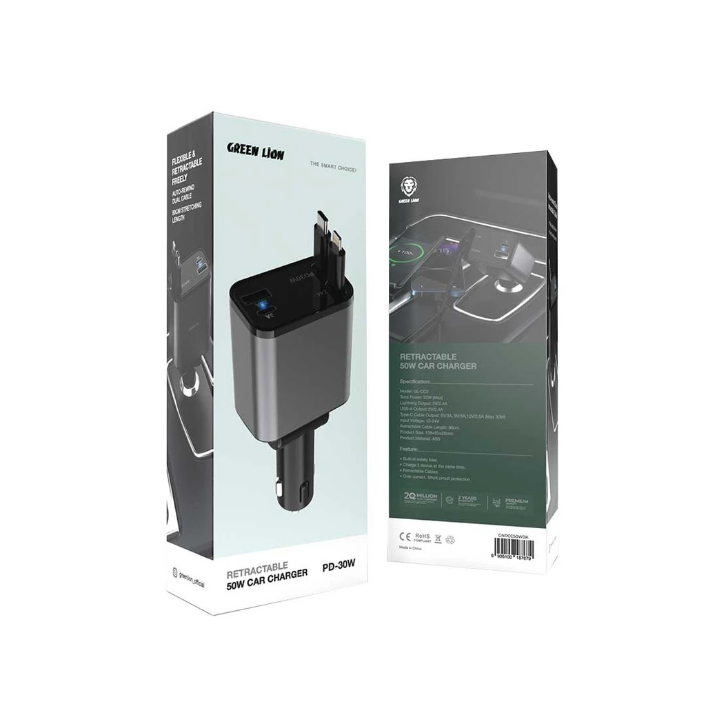 شارژر فندکی ۵۰ وات گرین لاین مدل Retractable با کابل جمع‌شونده Type-C و Lightning