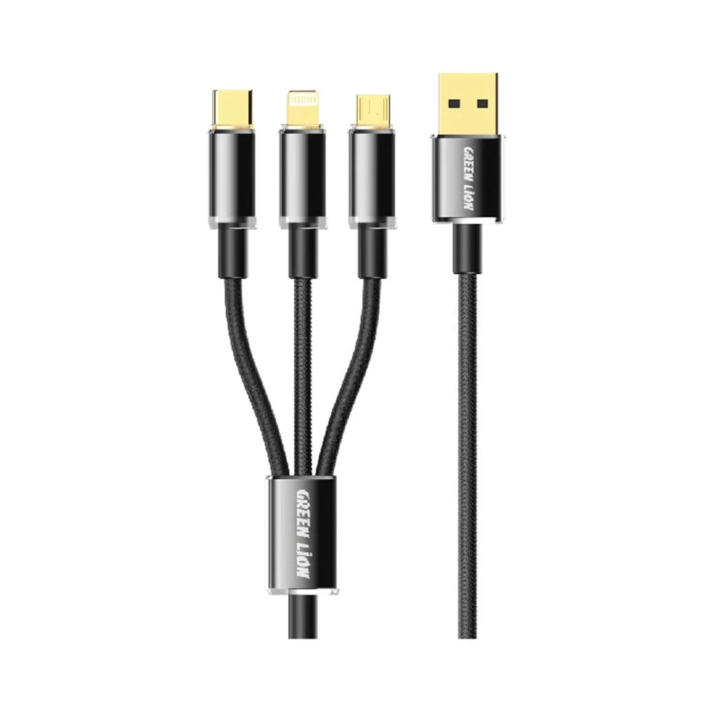 کابل شارژ سه‌کاره شفاف گرین لاین USB-A به USB-C، لایتنینگ و Micro-USB مدل GNTP3IN1CBK طول ۱ متر
