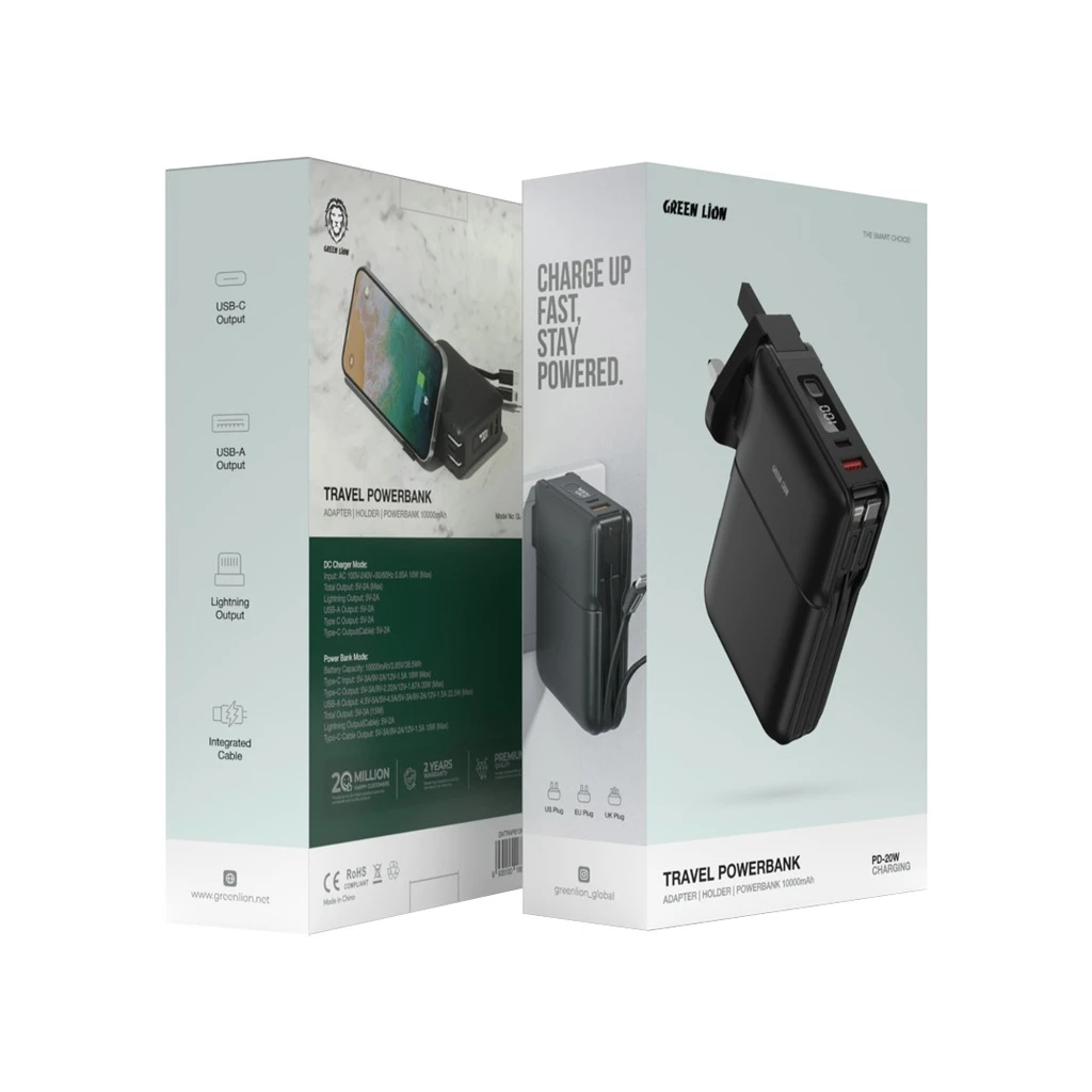 پاوربانک، آداپتور مسافرتی و هولدر گوشی گرین لاین مدل Travel Power Bank ظرفیت ۱۰۰۰۰ میلی‌آمپرساعت