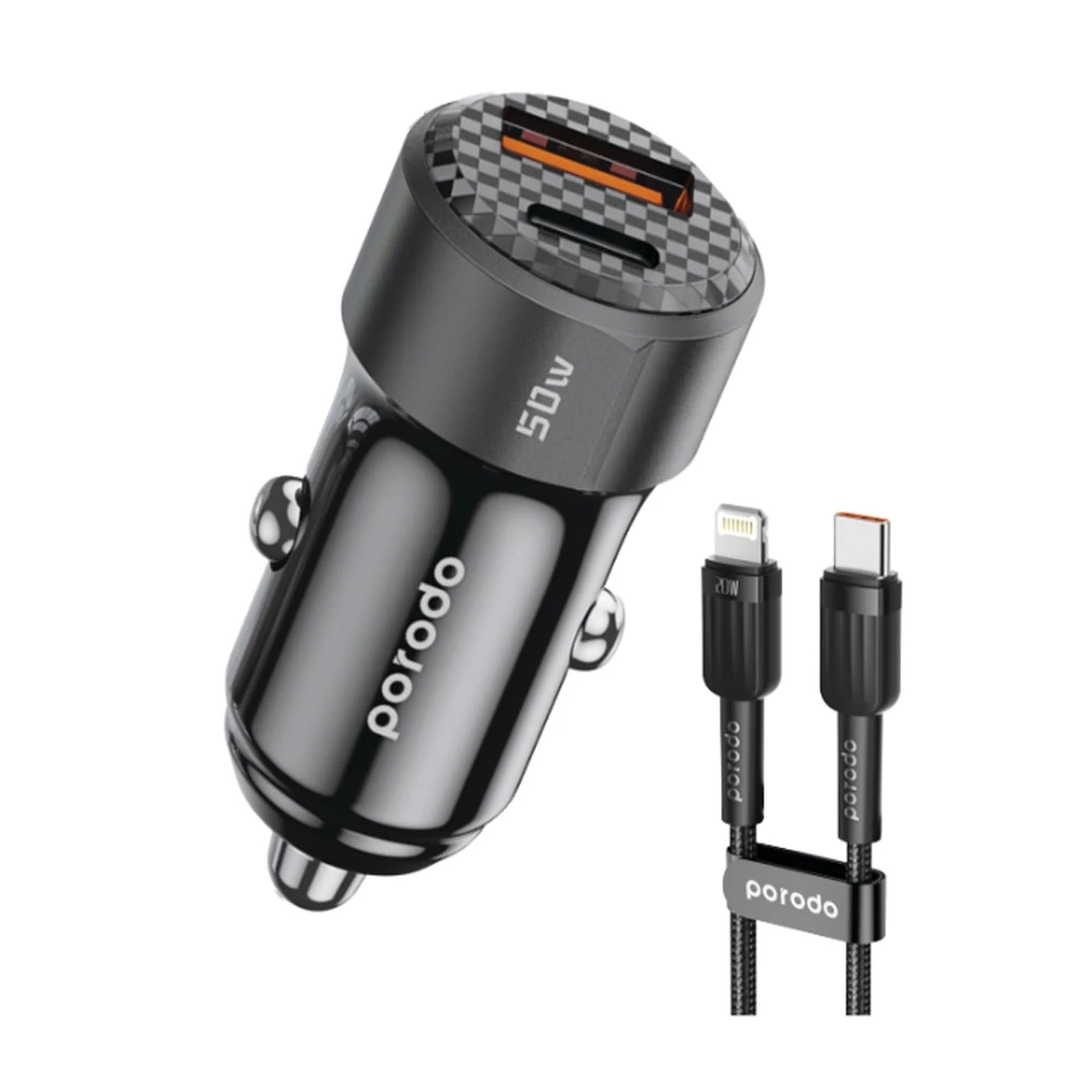 شارژر فندکی دو پورت ۵۰ وات پرودو به همراه کابل بافته‌شده USB-C به Lightning مدل PD-CC50WL-BK