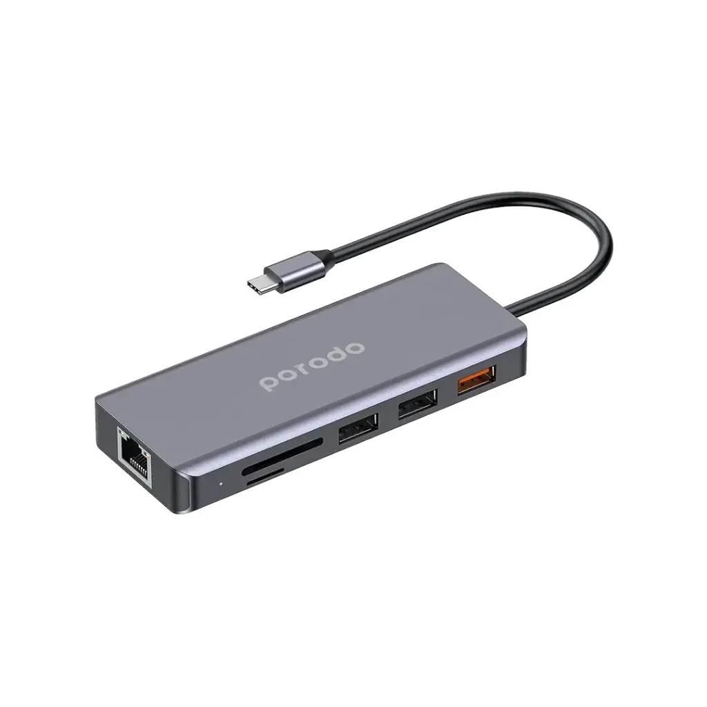 هاب ۹ کاره USB-C پرودو مدل PD-91CHB-GY با HDMI 4K، شبکه Ethernet و شارژ PD 100W