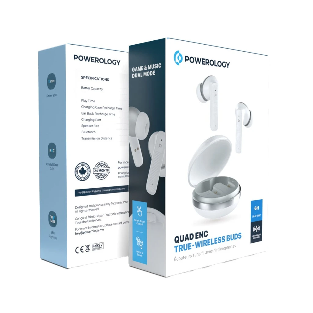 هندزفری بلوتوثی پاورولوژی Quad Mic ENC مدل PWLAU006-WH با درایور ۱۳ میلی‌متری و حالت گیمینگ