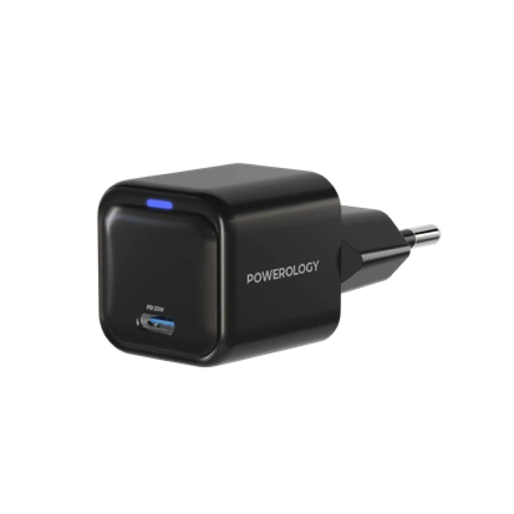 شارژر دیواری فوق‌فشرده GaN پاورولوژی ۲۰ وات مدل PWCUQC015 با خروجی USB-C PD و دوشاخه EU